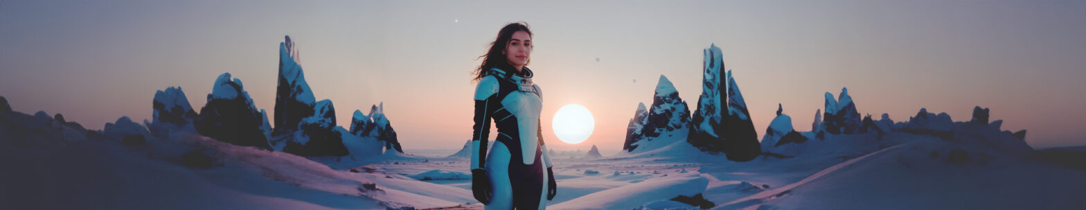 Banner of a woman in a spacesuit in front of a landscape on an icy planet