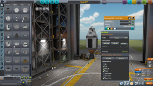 Image de la fusée Test RPP dans le BAV avec la fenêtre d'outils de DeltaV ouverte et le réservoir presque vide pour avoir une approximation du RPP à vide dans le vide