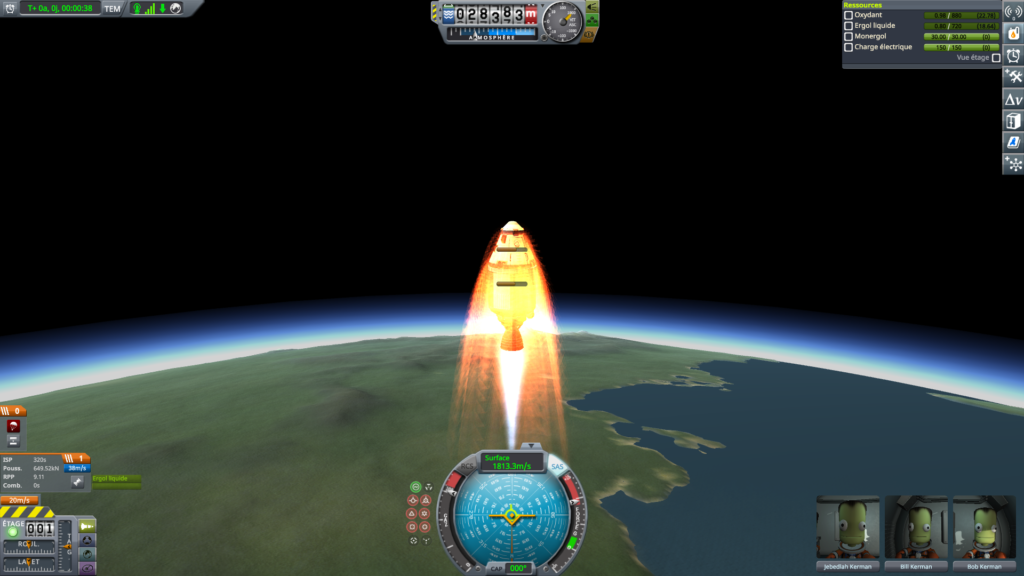 Capture d'écran de la fusée Test RPP en vol avec le réservoir presque vide et l'estimation du RPP visible.