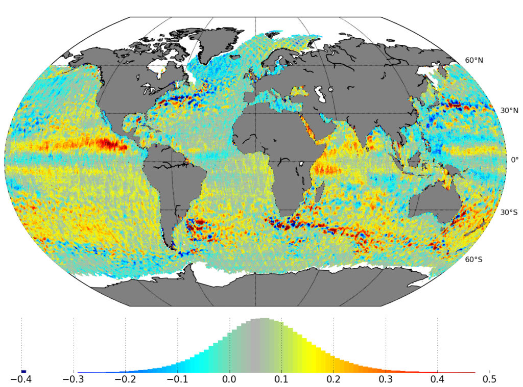 Variation du niveau des océans pendant mars 2016 par Sentinel 3A (ESA)